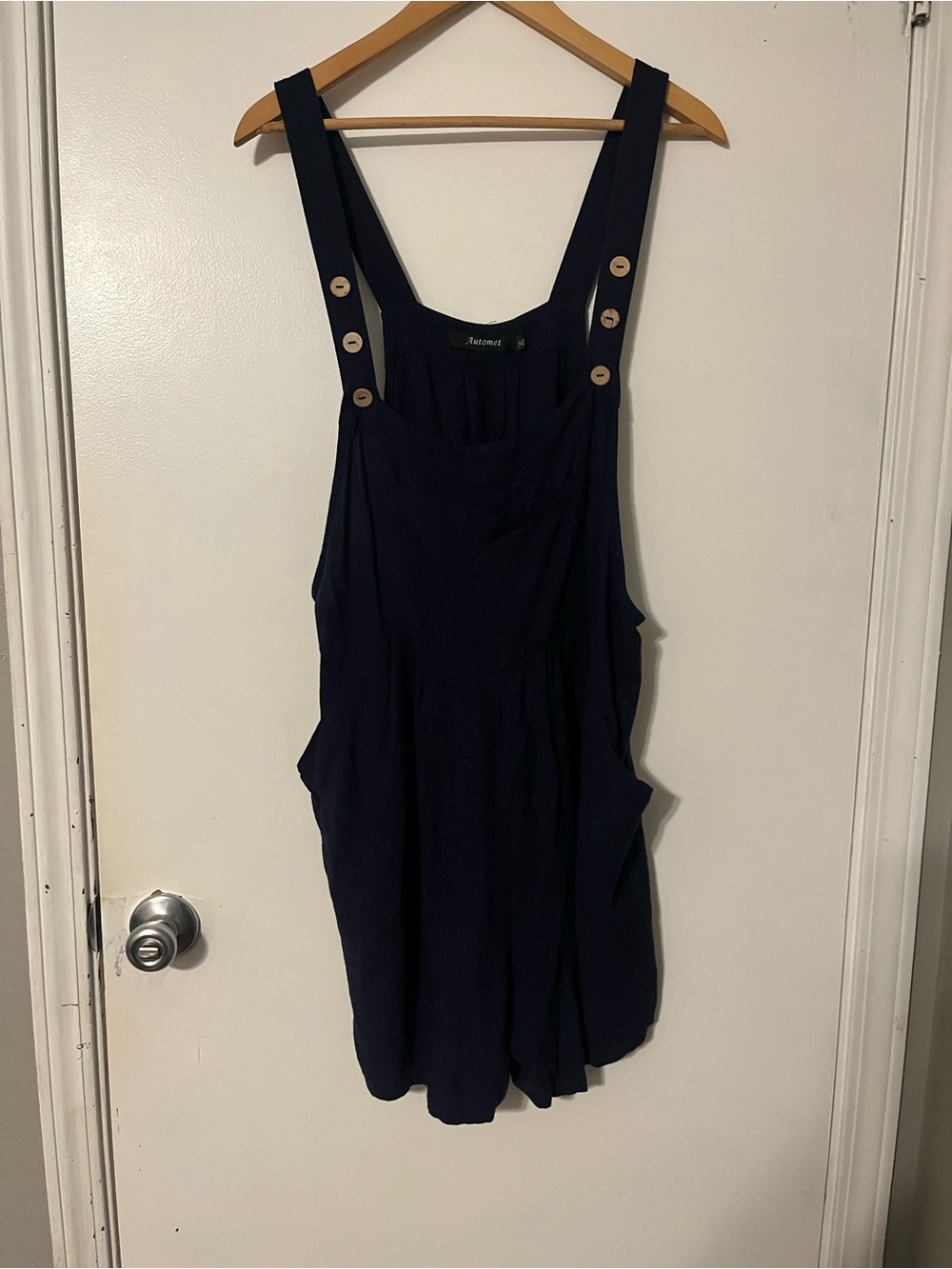 Casual Navy Blue Suspender Romper with Button Straps